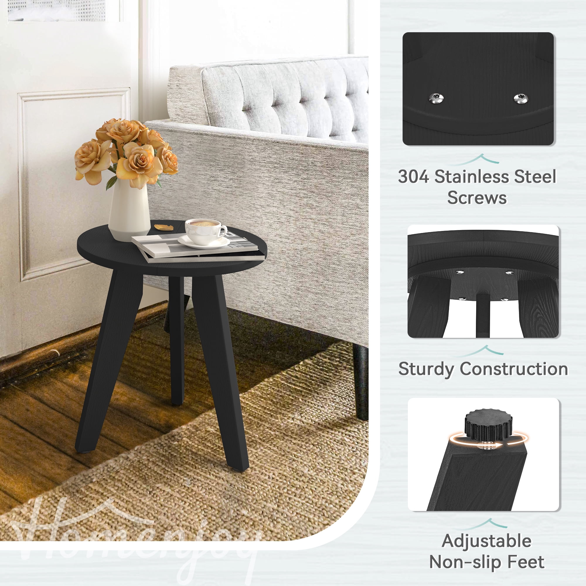Dycanpo Outdoor Side Table for Patio, Small Round End Table Weather-Resistant for Living Room, Bedroom, Black