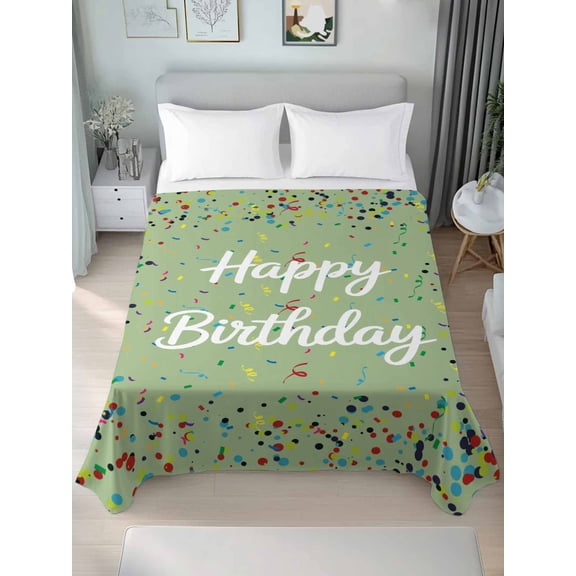 Happy Birthday Full Size Flat Sheet, Wrinkleproof & Fadeproof Cooling Flat Bed Sheet Only, Sage Green Modern Abstract Art Breathable Soft Bedding Top Sheets 81 x 96 Inches