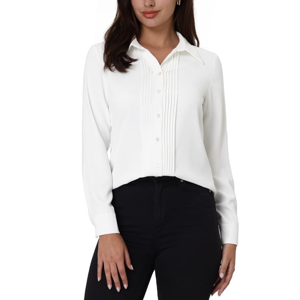 CAMISA DE TRABAJO DE MUJER INSPIRADA CHIC DE MANGA LARGA CON PLIEGUES Y BOTONES TAMAÑO 2XL BLANCA