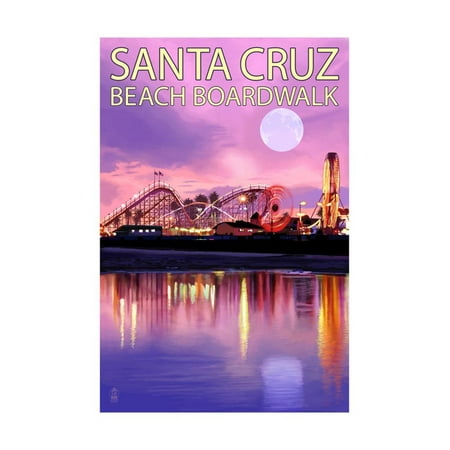 Santa Cruz, California - Beach Boardwalk and Moon at Twilight Print Wall Art By Lantern