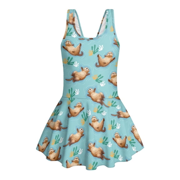 COEQINE Girls One Piece Swimsuit with Attached Liner, Scoop Neck V-Back Swim Dress for Swim Lessons, Polyester Spandex Bathing Suit for Girls 3-4 Year Olds, Cute Otter Seagrass Blue