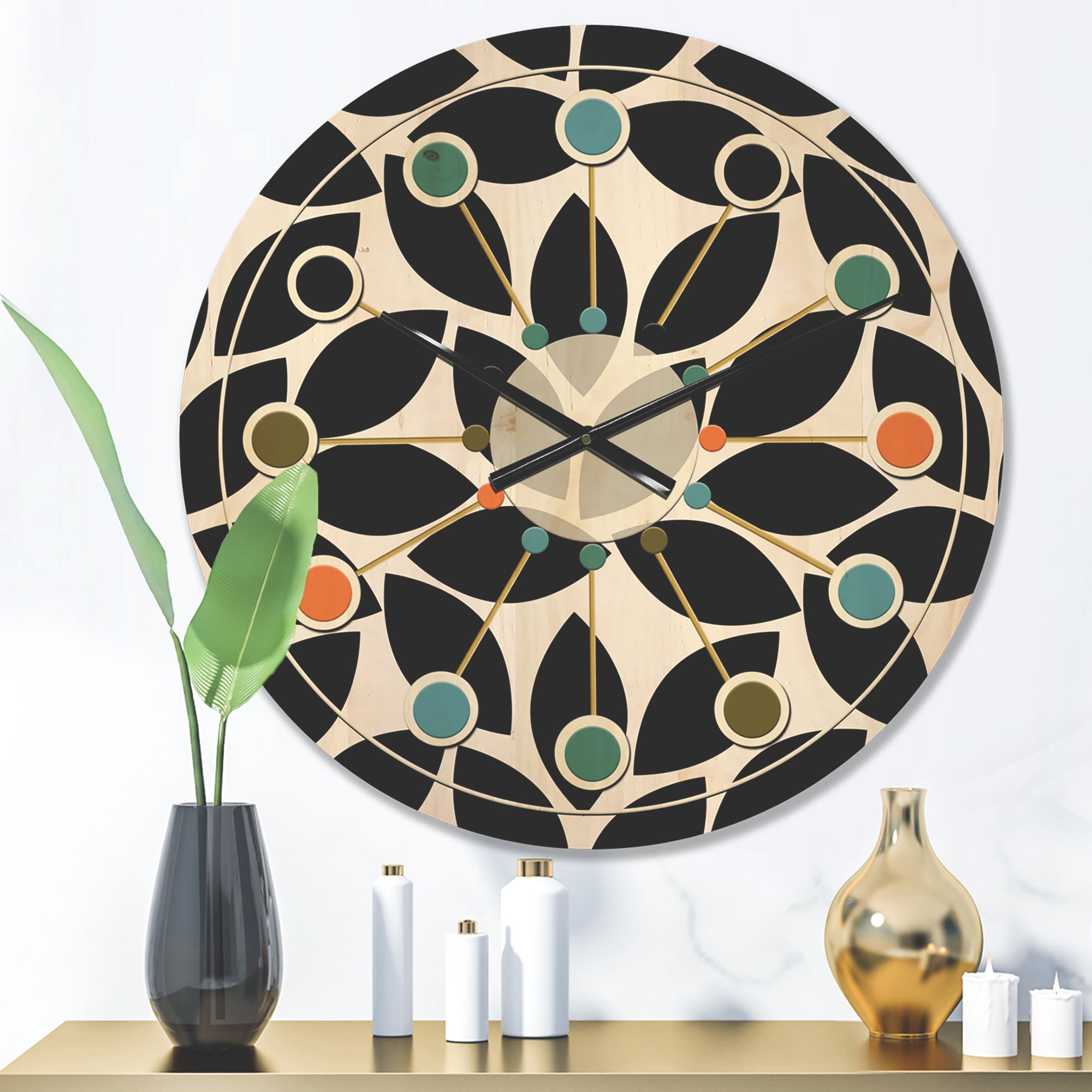 Designart 'Black and White Geometric Pattern XII' Mid-Century Modern Wood Wall Clock
