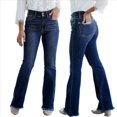 thumbnail image 3 of Pantalones Vaqueros Rectos para Mujer, Cintura Alta, Elásticos, Deshilachados, con Dobladillo Sin Rematar, Holgados, Informales. Azul Profundo M, 3 of 9