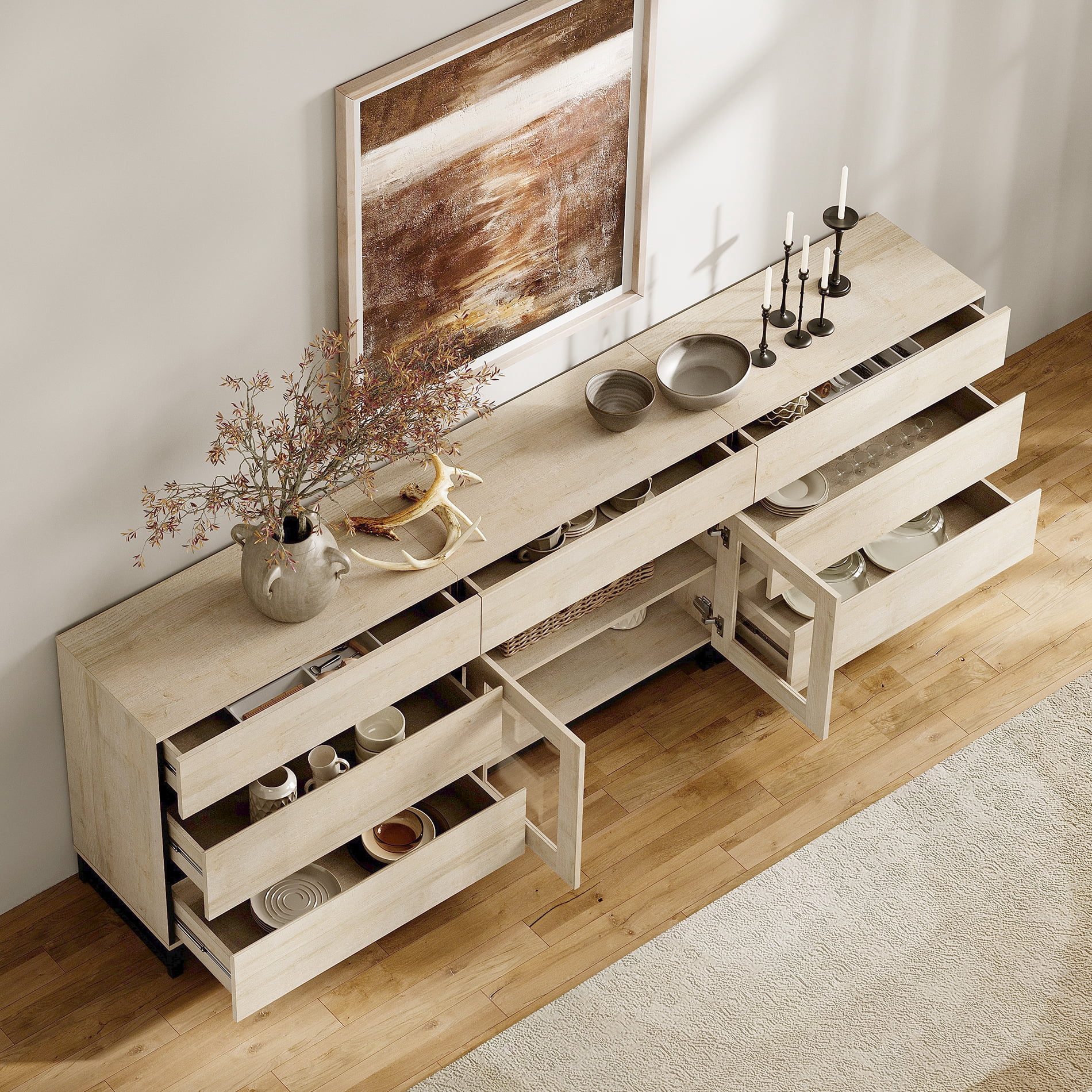 Modern TV Stand For Tvs Up To 100 Inch, 3 In 1 TV Console With Glass Doors And 7 Drawers, Media Console With Adjustable Shelf For Living Room, Bedroom,Beige