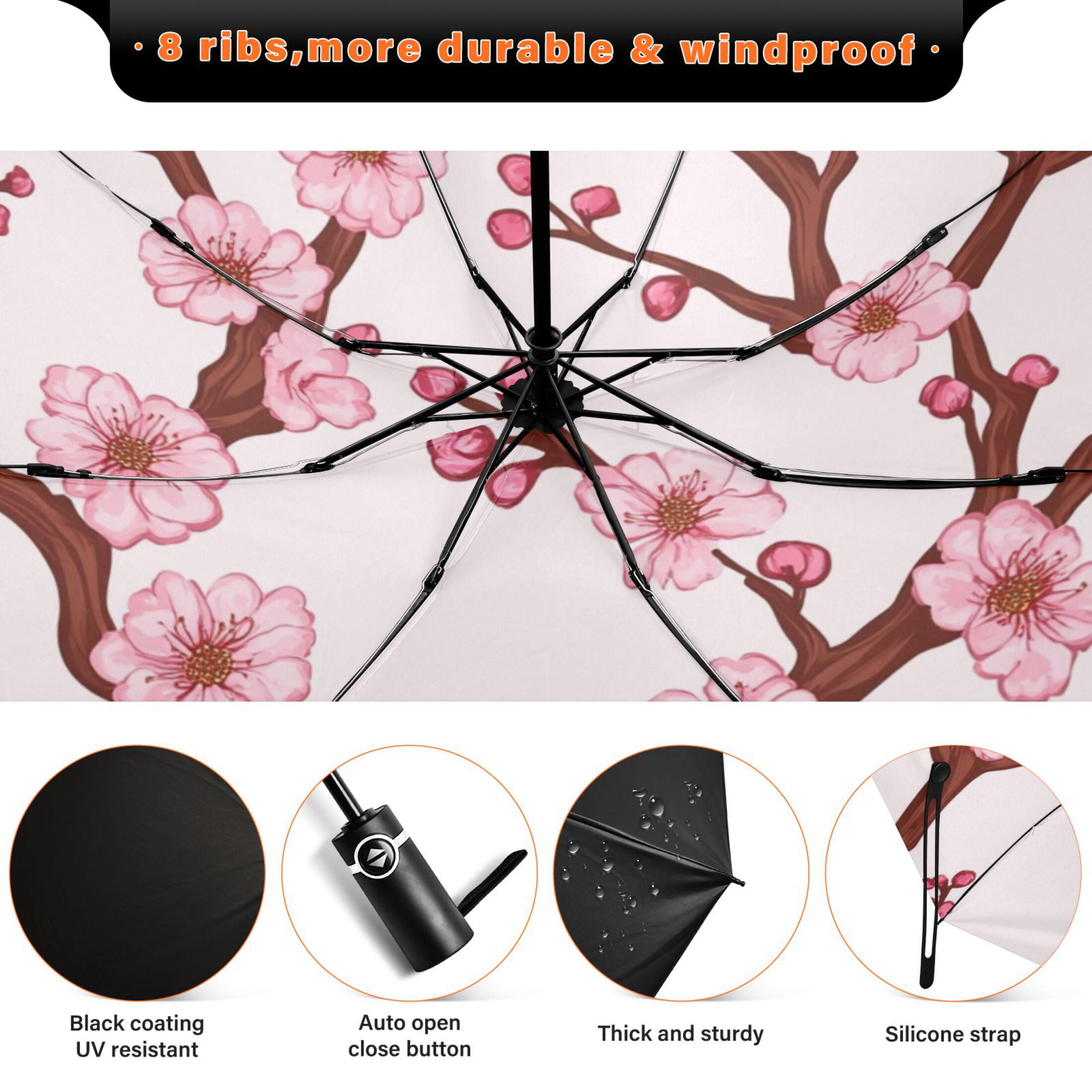 Pink Blossom Branches Extra Large Automatic Umbrella, UV Protection, Waterproof, Auto Open and Close