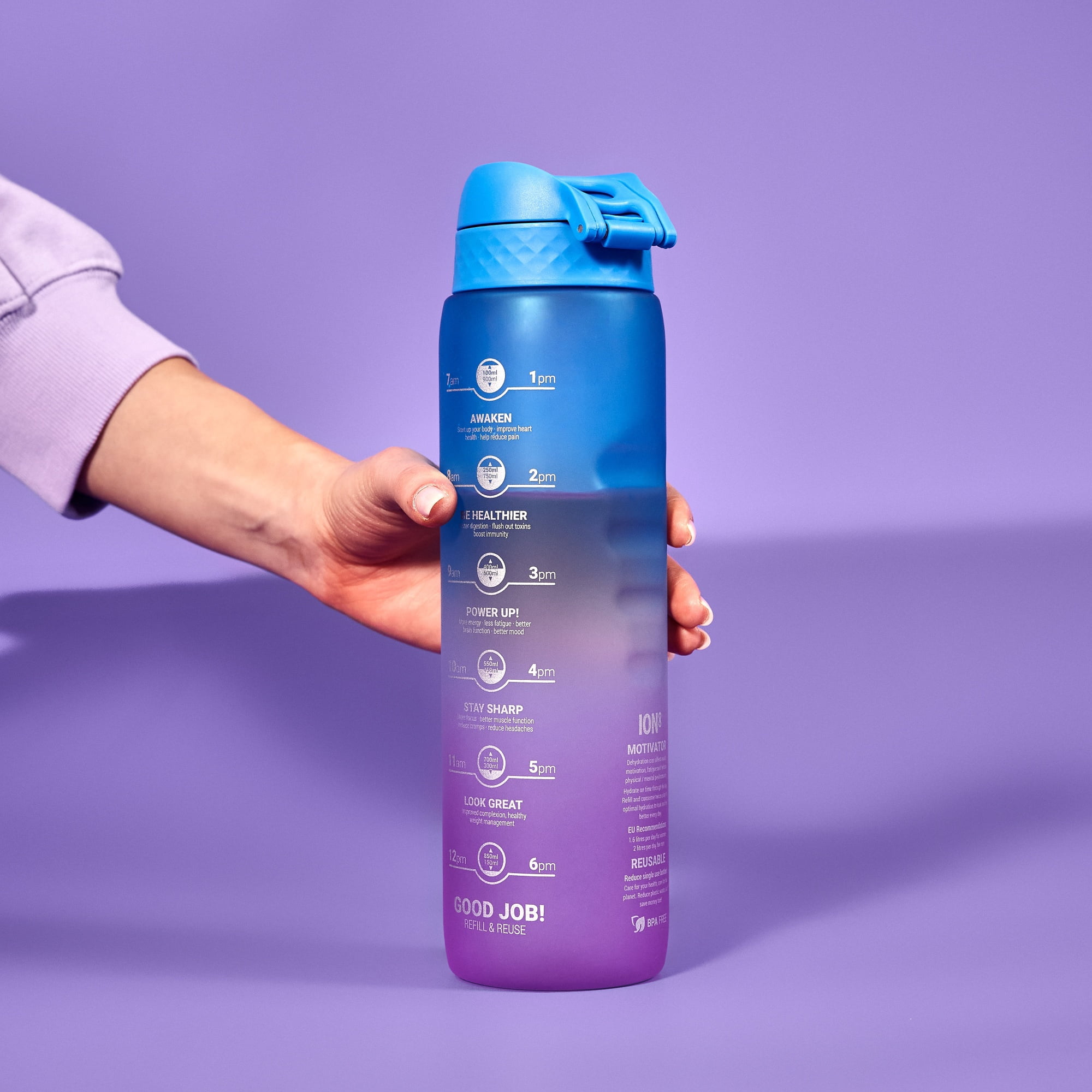 ION8 Leak Proof Flip-Top 1L Water Bottle with Times to Drink, BPA Free, Blue & Pink, 1000ml (32oz)