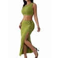 thumbnail image 2 of Women'S 2 Pieces Outfit Textured Halter Crop Top and Twist Front Split Thigh Maxi Skirt Set Green S, 2 of 10