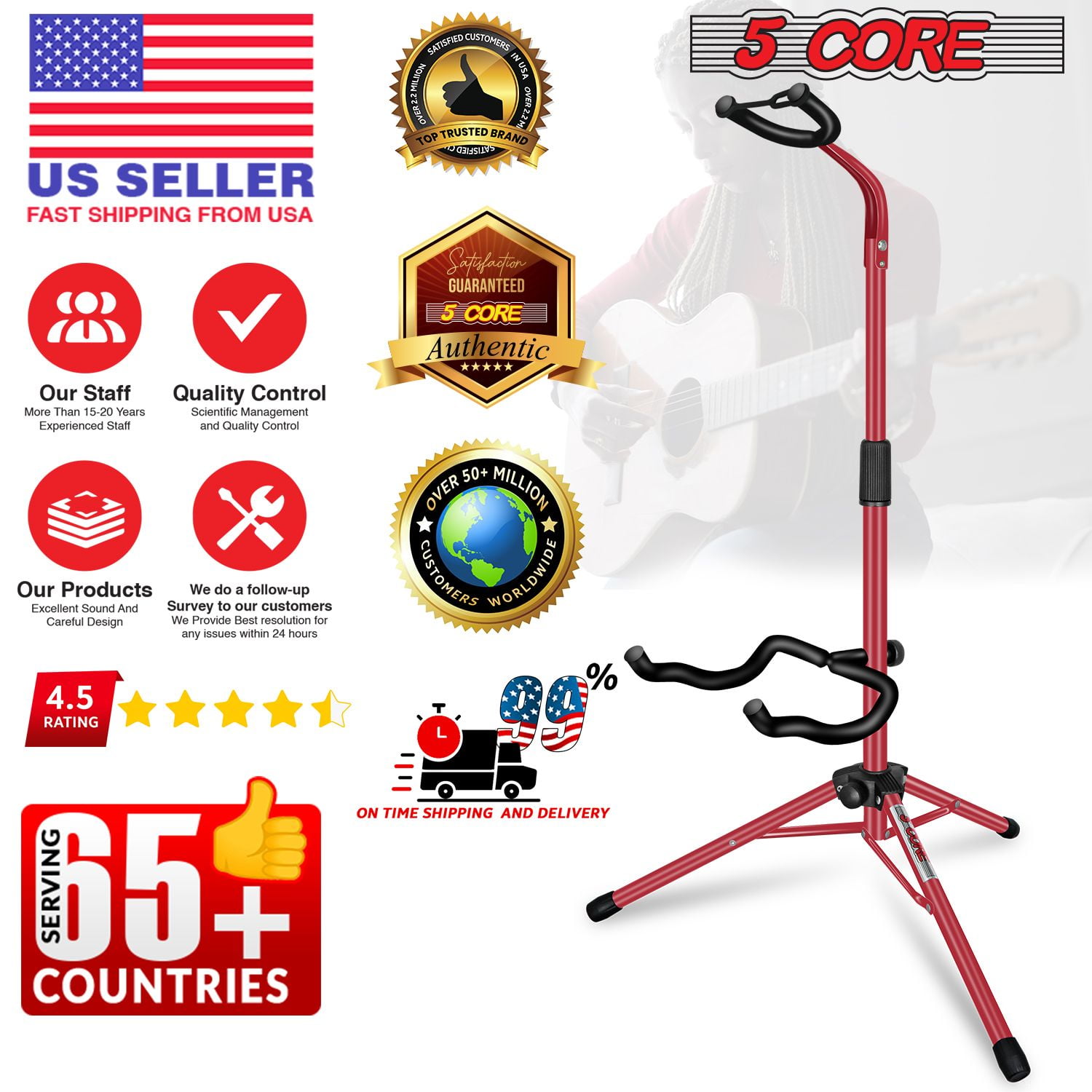 Guitar Stand Pair Floor Folding Soporte Para Guitarra - Acoustic Electric Bass GSH HD 2PK