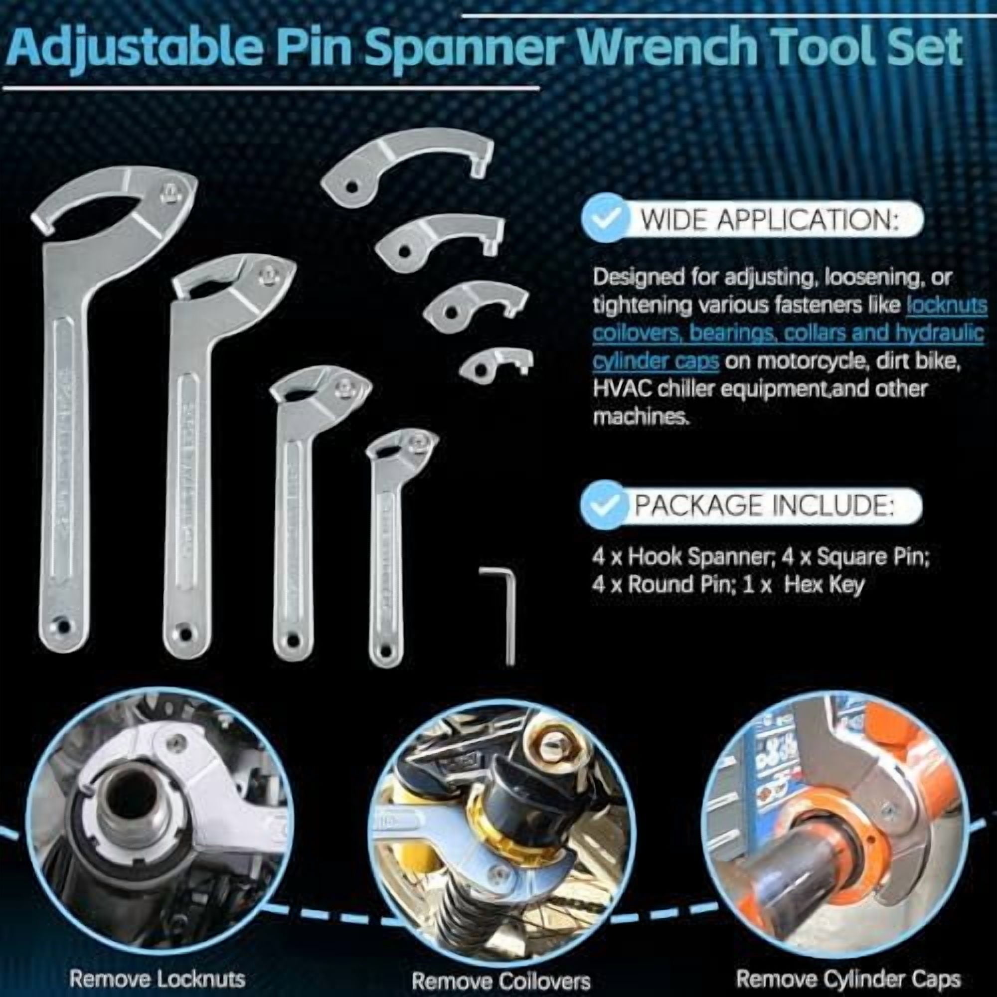 Adjustable Pin Spanner Wrench Tool Set, 9 Pack C Spanner Nut Wrench Tools with Changeable Heads, Coilover Hook Wrenches for Suspension System Collar, Nut Adjustment, 3/4" to 6-7/10"