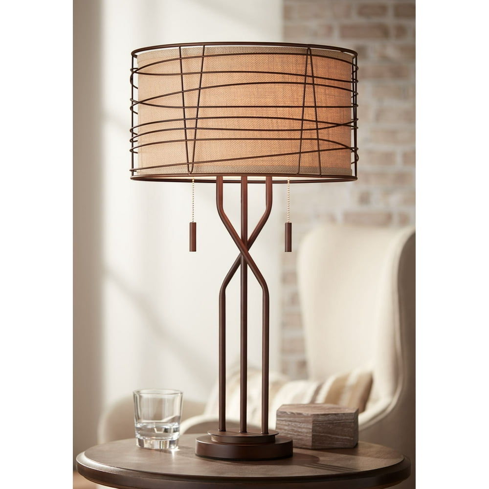 Franklin Iron Works Modern Table Lamp Metal Woven Bronze Burlap Drum