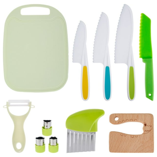 11Pcs Toddler Cutter Set with Cutting Board Portable Plastic Kitchen Cutter Set with Potato Chipper Reusable Kids Cooking Cutter Set with Peeler Wooden Kids Cutter Fruit Sandwich Cutters