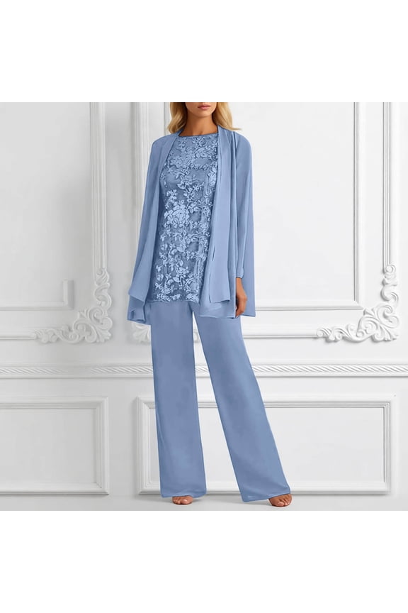 Women's 3-Piece Chiffon Lace Pant Suit, Elegant Floral Embroidered Wedding Guest Outfit, Sheer Long Sleeve Open Cardigan with Tank Top & Wide Leg Trousers, Plus Size Formal Set Sizes S-XXXL