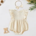 thumbnail image 2 of Pandaie 3-18M Newborn Baby Girl Summer Outfit Bow Headhand Smocked Bubble Romper Sleeveless Linen Bodysuit Infant Jumpsuit Clothes Beige 12M(6-12 Months), 2 of 8