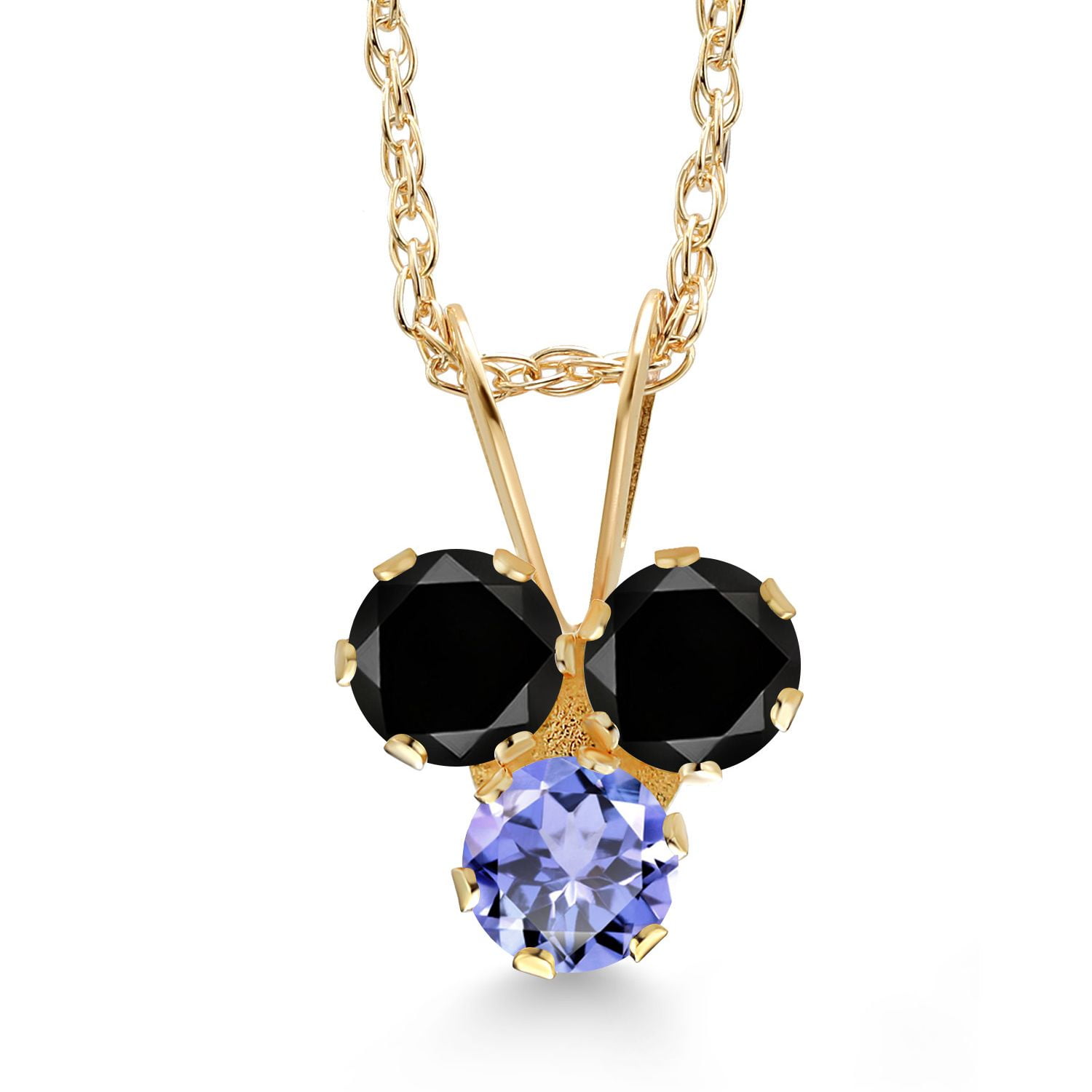 Gem Stone King 14K Yellow Gold Black Diamond and Blue Tanzanite 3-Stone Pendant Necklace for Women (0.35 Cttw, Gemstone April Birthstone, Round 3MM, 18 inch Chain)