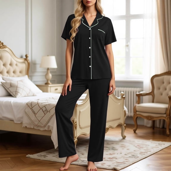 Gunia Women Pajamas Summer Short Sleeve Pajama Button Down Shirt Collar Comfortable Wear Two Piece Outfit Sleepwear Pjs S-2Xl