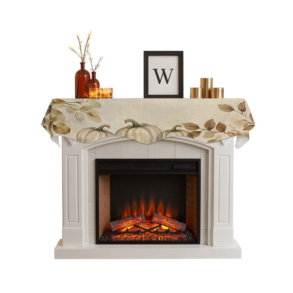 Beige Pumpkin Fall Fireplace Mantel Scarf Cover 60"Wx17"L,Fireplace Mantel Shelf Top Runner,Thanksgiving Eucalyptus Leaves Retro Mantle Dresser Scarves Table Runner for Holiday Party Living Room