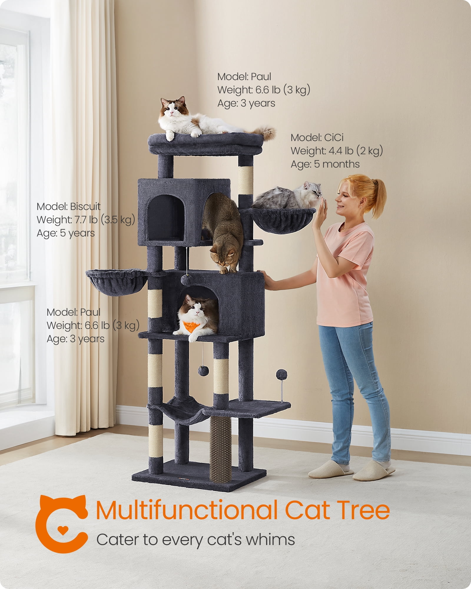 69 Inch Tall Cat Tree Tower for Indoor Cats, Multi-Level Cat Condo with 2 Caves, 2 Baskets, 5 Scratching Posts, Self-Groomer, Perch, and Hammock, Dark Gray