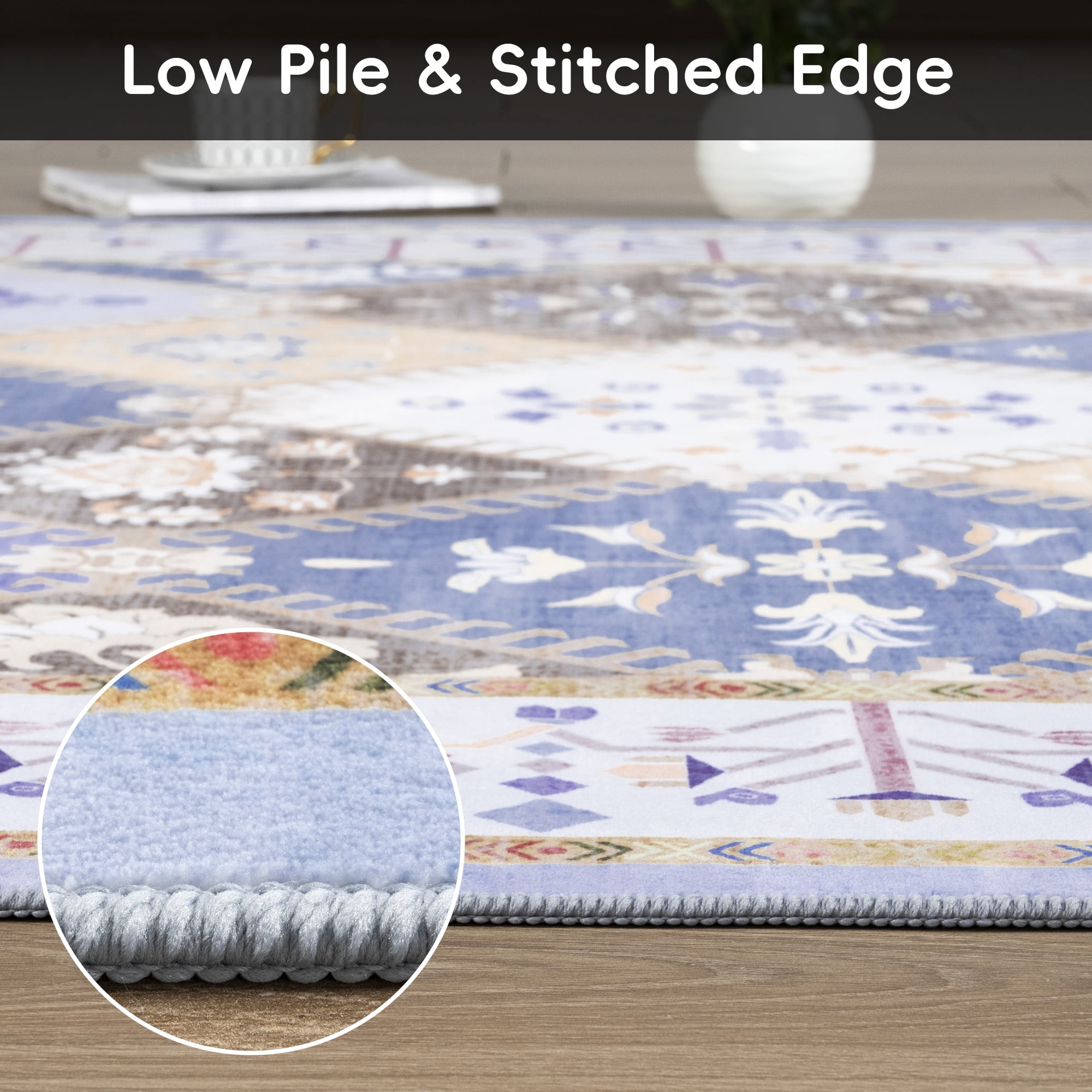 Wondo Moroccan Vintage Trellis Area Rug - Machine Washable Non-Slip Low-Profile 6x9 Floor Carpet for Living Room, Bedroom, Dining Room, Office & Nursery, Blue