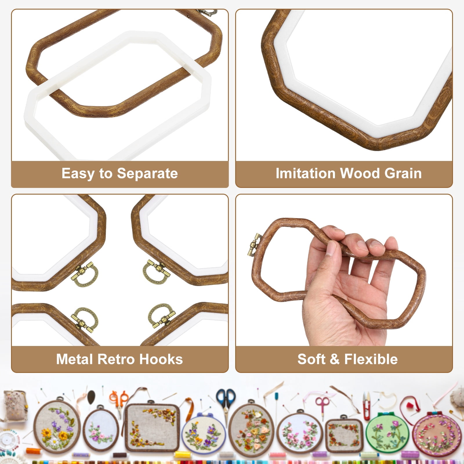 4 Pcs Embroidery Hoop Frame, Imitated Wood Octagon Cross Stitch Hoops with Metal Ring for Embroidery DIY Craft Sewing Wall Decor (5.51 x 5.51 - 7.09 x 9.84 Inch White & Brown)