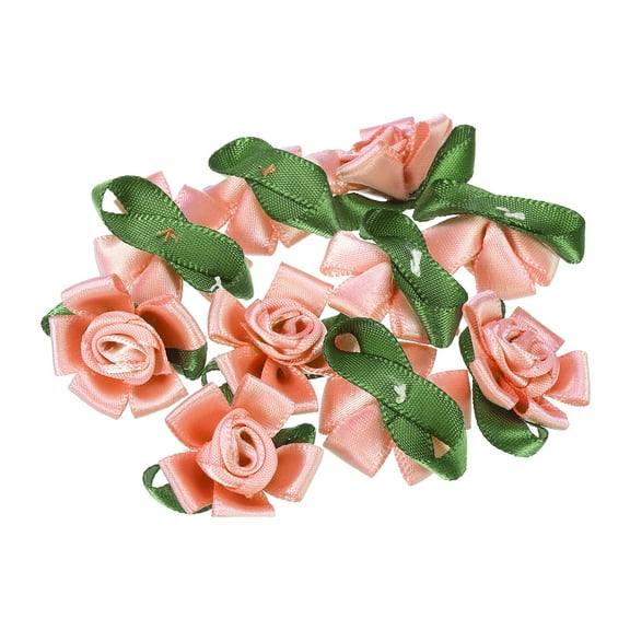 Uxcell Mini Satin Ribbon Roses Small Rosettes Fabric Flowers with Green Leaves Champagne 20 Pcs