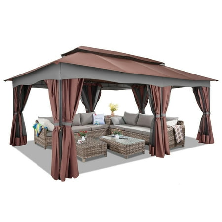 Hoteel Heavy-Duty 12X20 Outdoor Patio Gazebo with Mosquito Netting Curtains,Double-Roof Canopy Tent Gazebo for Parties,Backyards,Gardens,Brown