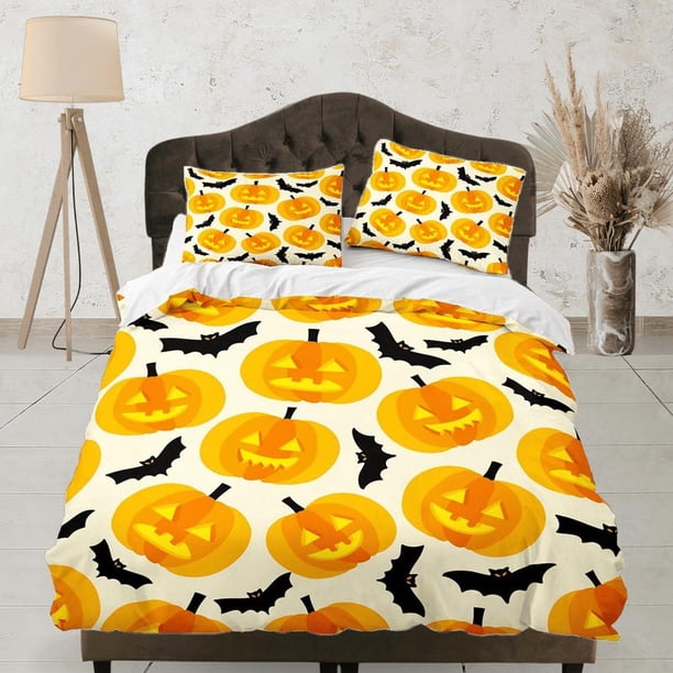 Calabaza Linterna Murciélagos Halloween Ropa de cama y funda de almohada, funda nórdica Dorm Set