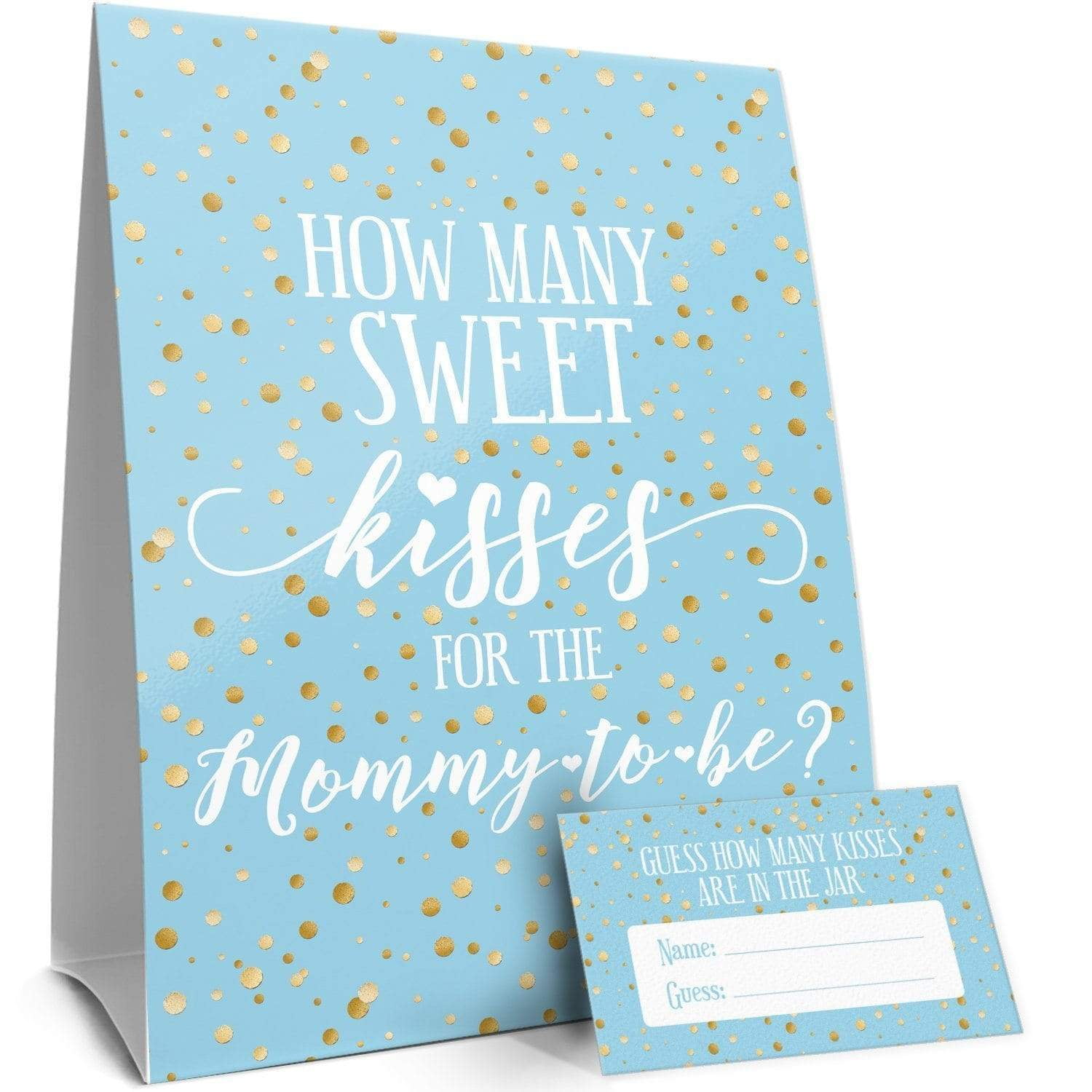 Blue and Gold How Many Kisses Baby Shower Party Game - 30 Guess Cards - Gold Confetti - Distinctivs