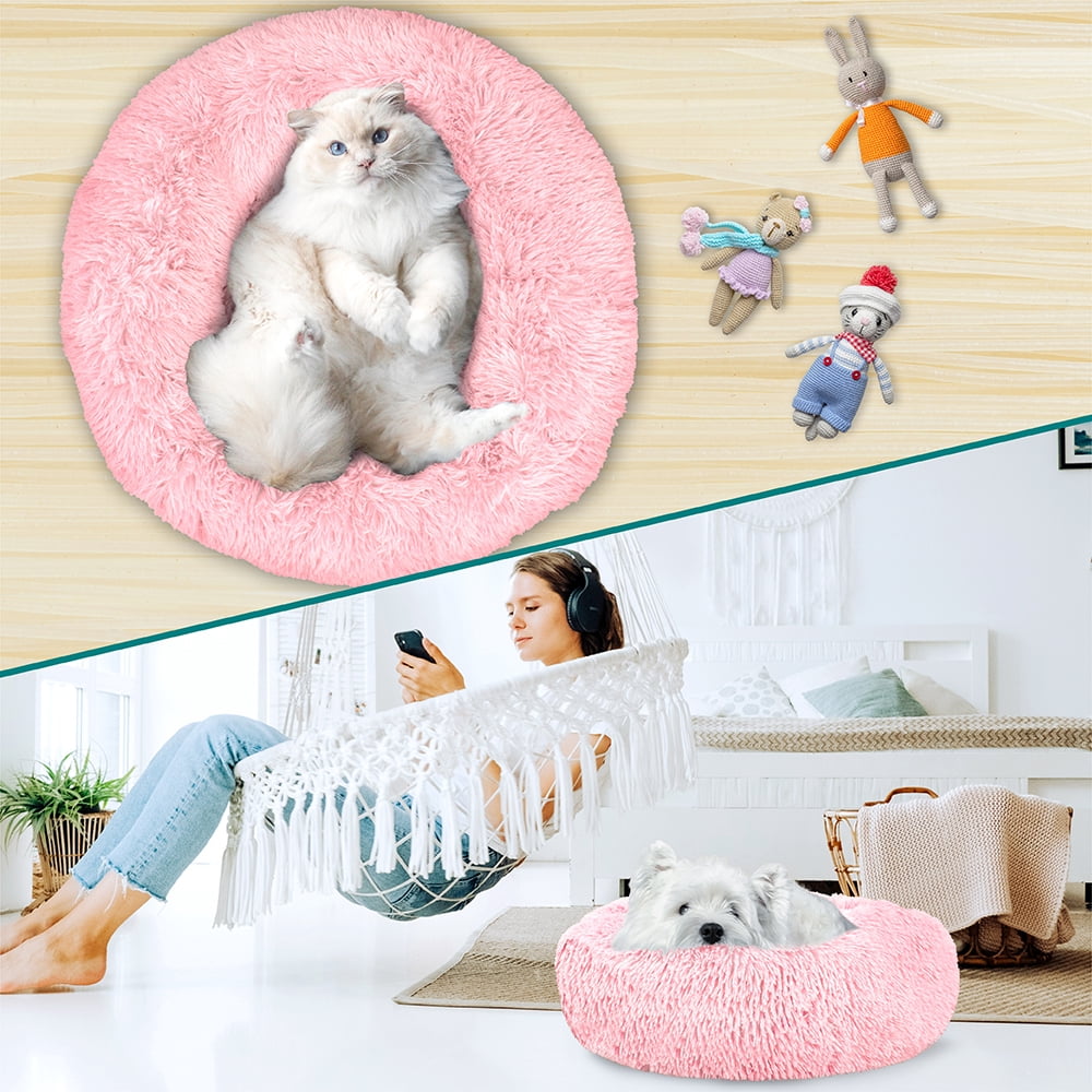 PetAmi Calming Donut Dog Bed For Small Medium Pets – Fluffy Faux Fur Round Cat Bed, Anti-Slip Bottom, Washable, Light Gray, 23 Inch