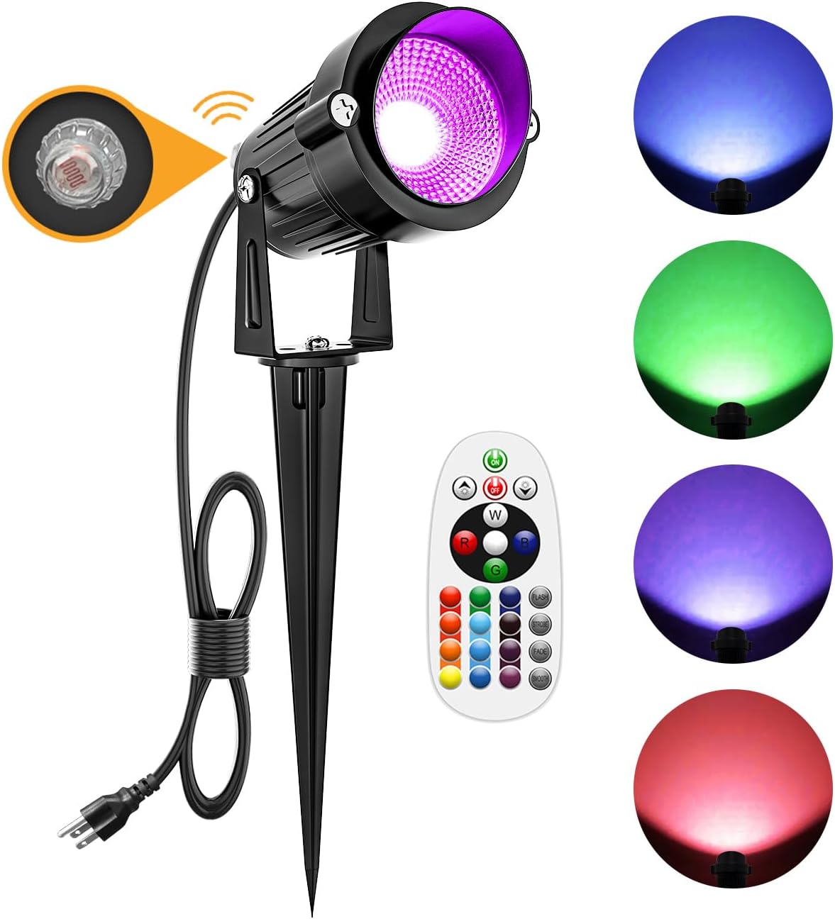 TRAHOO-RGB Outdoor Spotlights LED Spot Lights Dusk to Dawn, 10W Plug in Color Changing Landscape Lighting with Photocell Sensor, 120V IP66 Spotlight for House Garden Halloween Christmas Decor (1Pack)