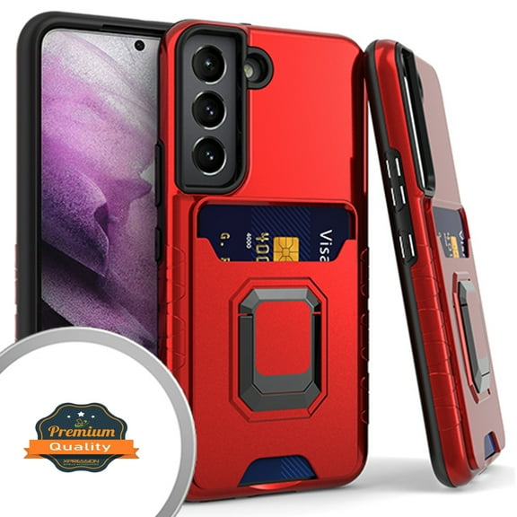Xpression Case for Samsung Galaxy S22 Wallet Credit Card Slot Holder with Metal Ring Kickstand Heavy Duty Shockproof Hybrid Dual Layer Stand Phone Cover [Red]