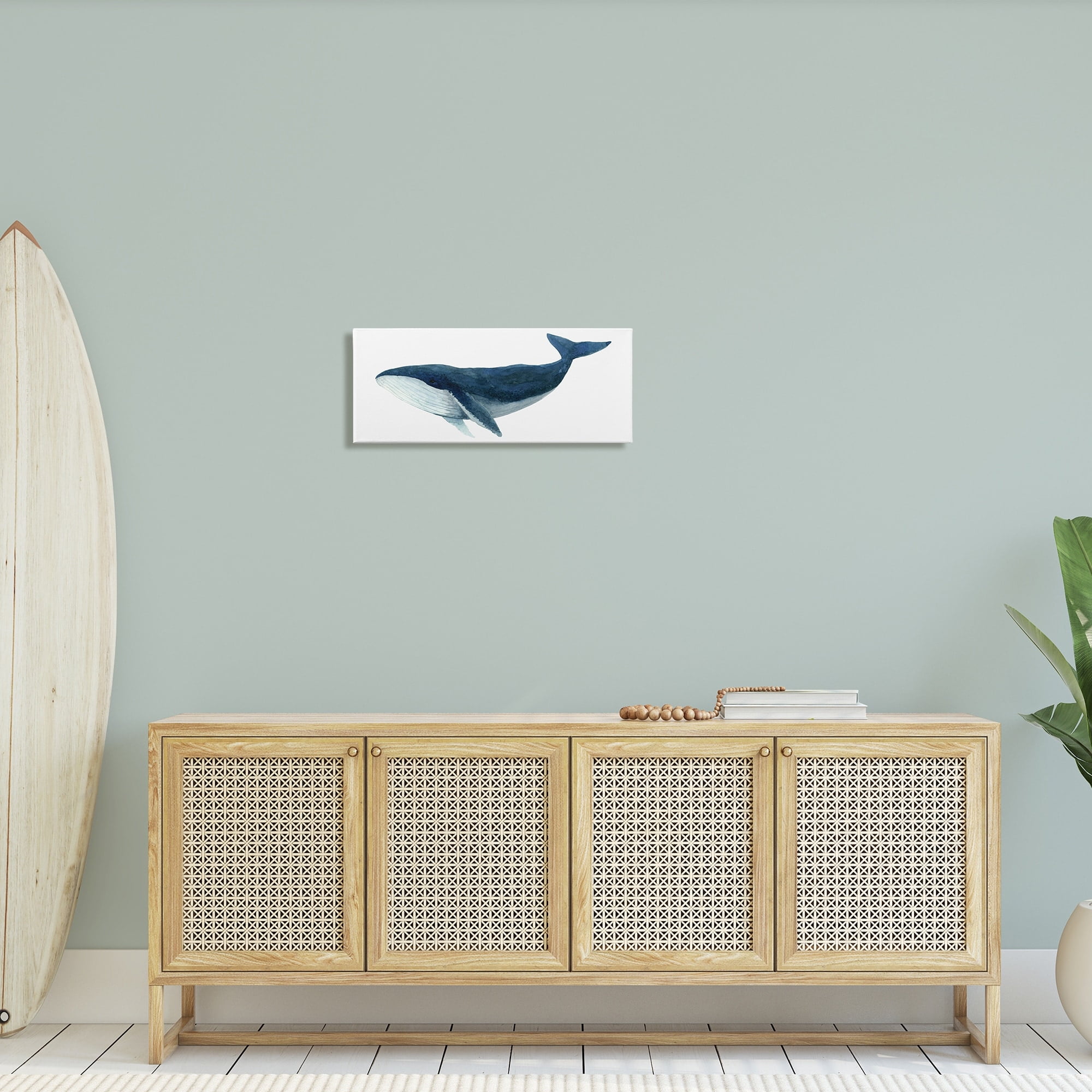 Stupell Industries Blue Whale Marine Animal Watercolor Painting over White, 48 x 20,Design by Jeannine Saylor
