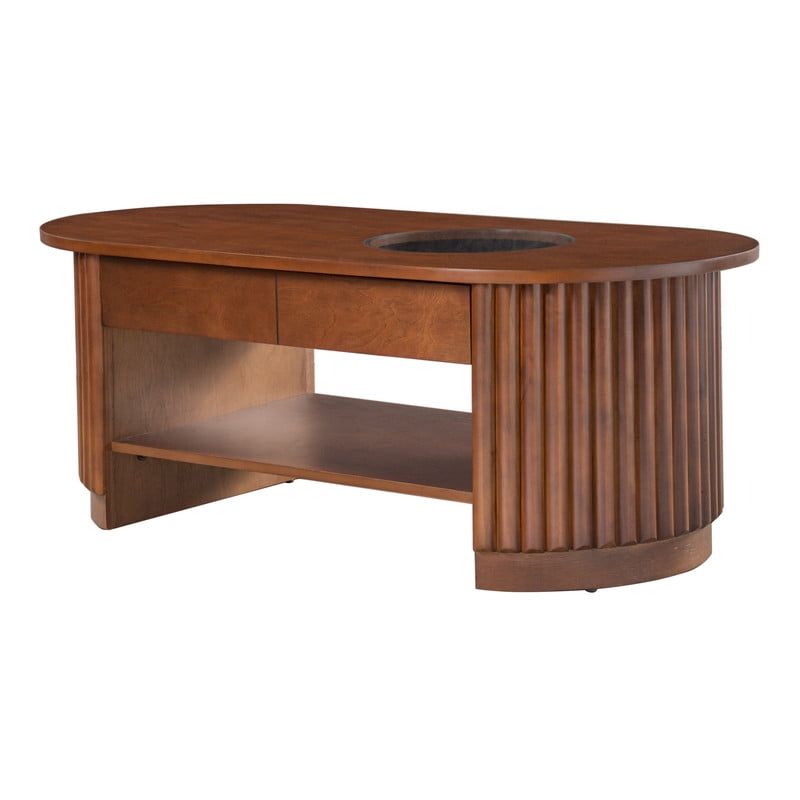 Mid-Century Modern Oval Coffee Table with Drawers & Tempered Glass Inset Top, 2-Tier Fluted Center End Table with Open Shelf