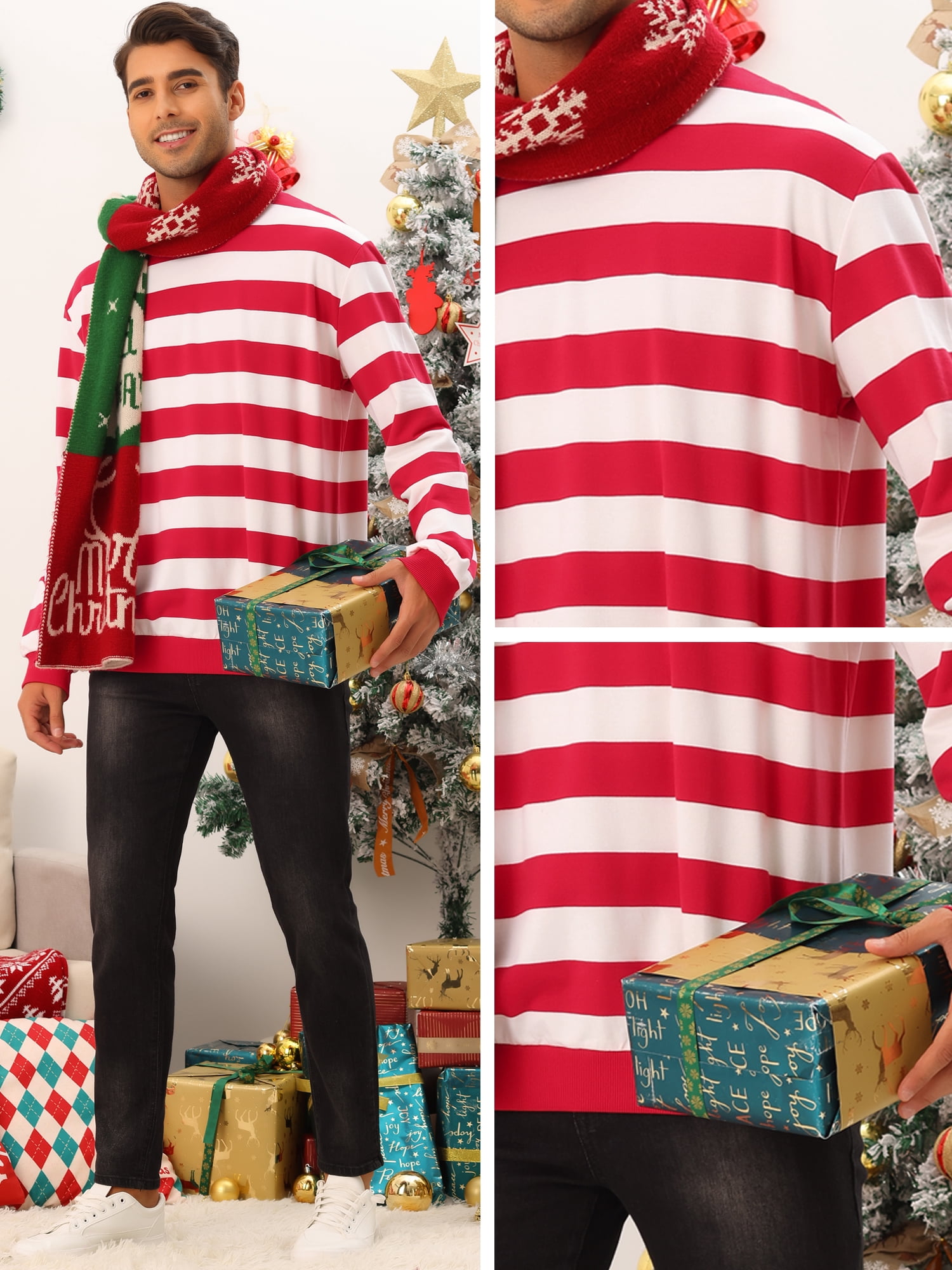 Unique Bargains Men's Striped Crew Neck Pullover Color Block Sweatshirts L Red White