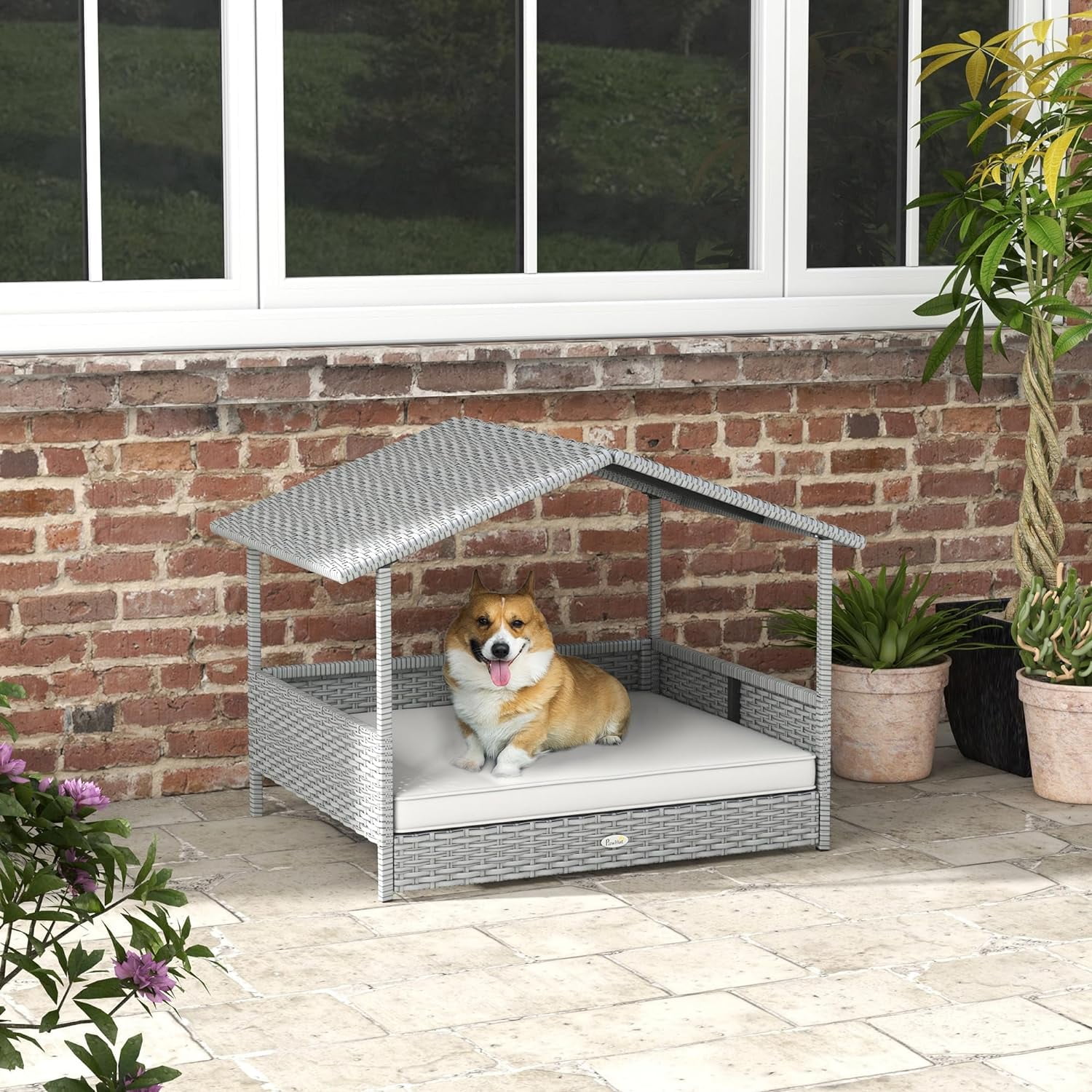 HJTER Wicker Dog House Outdoor with Canopy, Rattan Dog Bed with Water-Resistant Cushion, Raised Pet Bed for Small, Medium Breeds up to 66 lbs, 20" in Length, Silver Wicker, White Cushion