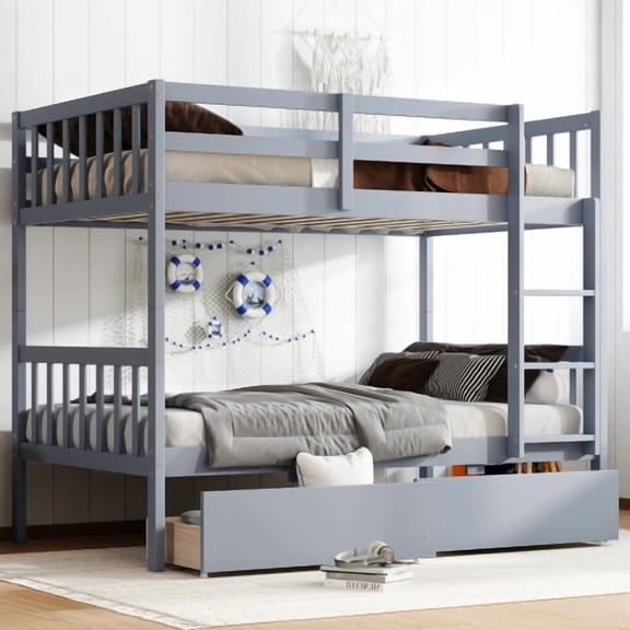 Twin Over Twin Rubber Wood Bunk Bed with 2 Drawers, Convertible into 2 Twin Beds, Solid Wood Bunk Bed with Ladder and Safety Guardrails, for Bedroom, Guest Room, Grey