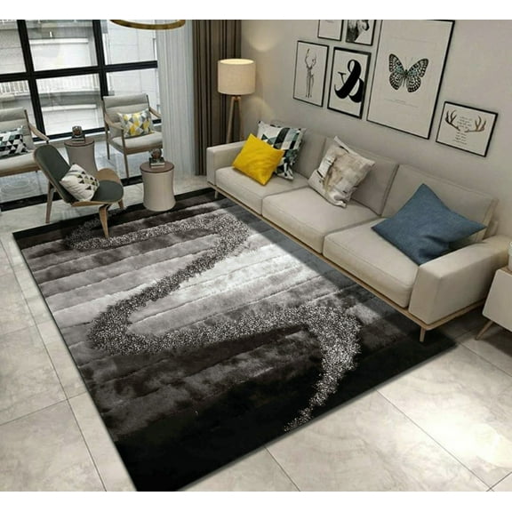 Soft Plush Fluffy Multi-textural Design Silver Gray Black Shag Area Rug/Carpet by Makymo