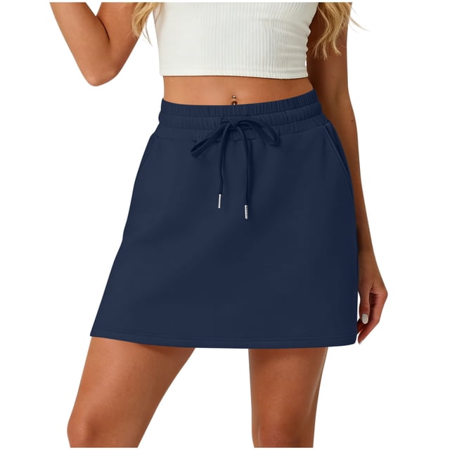 BLVB Women's Mini Skort Casual Drawstring Summer High Waisted Workout Short Sweat Skirt Built-In Shorts with Pockets