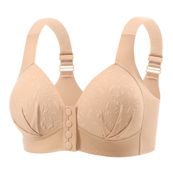 Plus Size Front Closure Wireless Bra Womens Convenient Lightly Padded Floral Stretchy Bralette Adjustable Straps Everyday Wear Low Back Bras for Lady Large Bust Beige 44