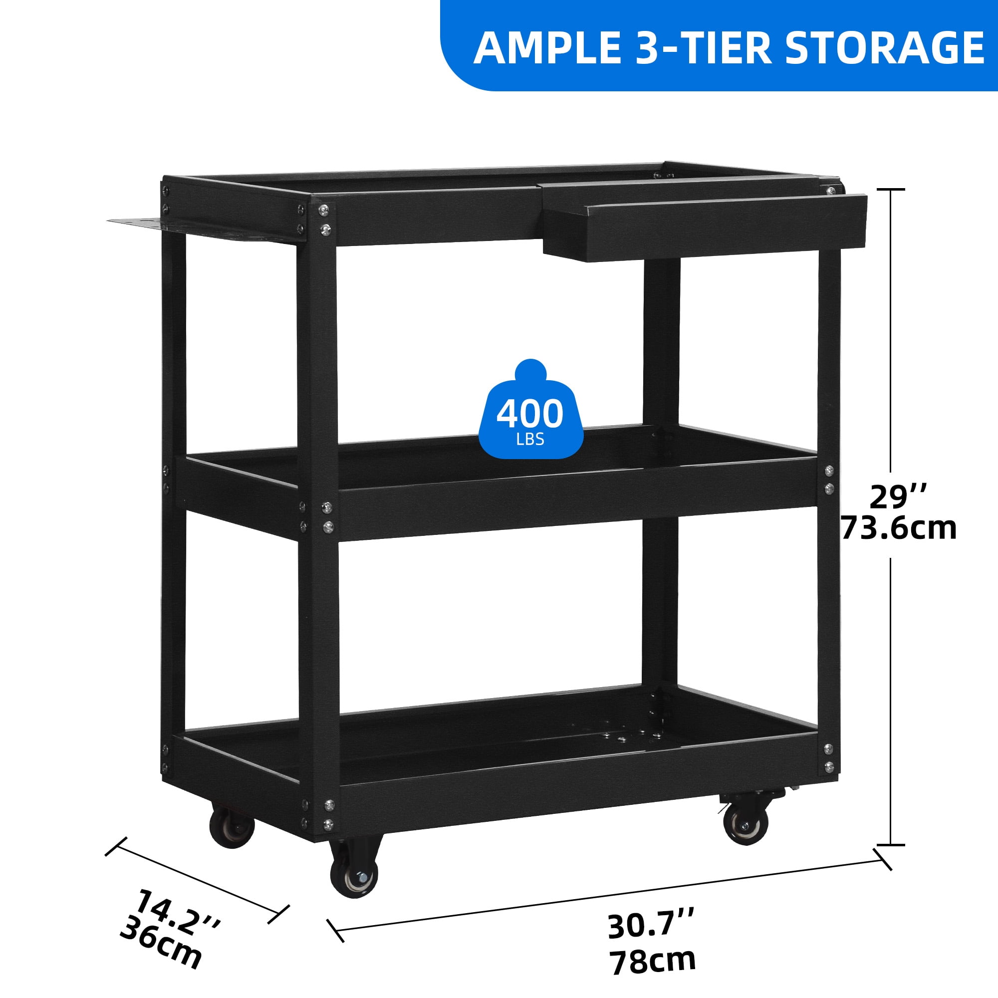 Uforic 3-Tier Metal Tool Cart, Rolling Service Cart with Hanging Board & Storage Box, Black