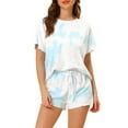 thumbnail image 1 of Conjunto de pijama para mujer INSPIRE CHIC, estampado de teñido anudado, camisetas de manga corta y pantalones cortos, 2 piezas, color azul, 1 of 5