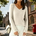 thumbnail image 3 of Sweaters for Women V Neck Casual Knit Long Sleeve Tops Lightweight Pullover Clothes Fall Fashion Outfits 2026 Beige L, 3 of 6