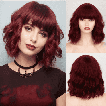 Morovan 14 Inch Wine Red Curly Bob Wig  with Bangs, Heat Resistant for Women Daily & Party Style
