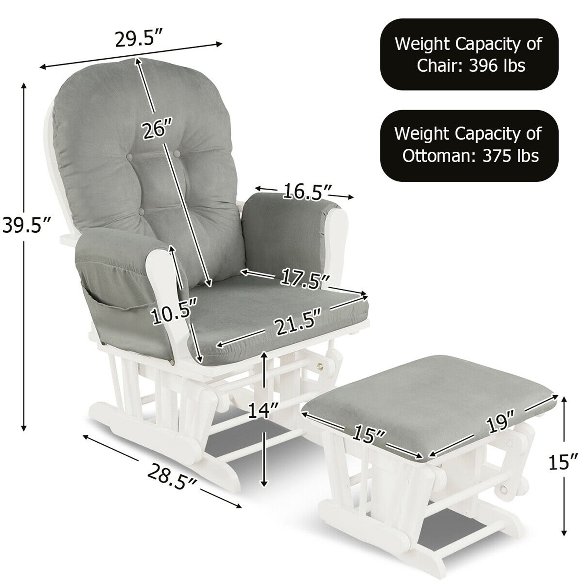 Gymax Baby Nursery Rocking Chair Glider and Ottoman Cushion Set Wood White Finish with Light Grey Cushions