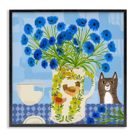 Stupell Industries Whimsical Jug of Cornflowers Floral Painting Black Framed Art Print Wall Art, 12 x 12