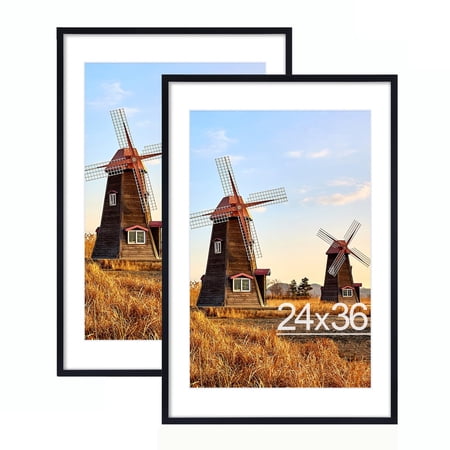 decoruhome 24x36 picture frame with plexiglass set of 2 - large black poster frame for wall display - includes 20x30 mat  made of durable pvc design
