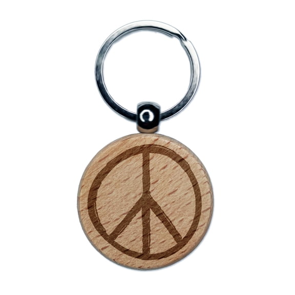 Peace Sign Sketch Round Keychain Charm Tag - Engraved Wood