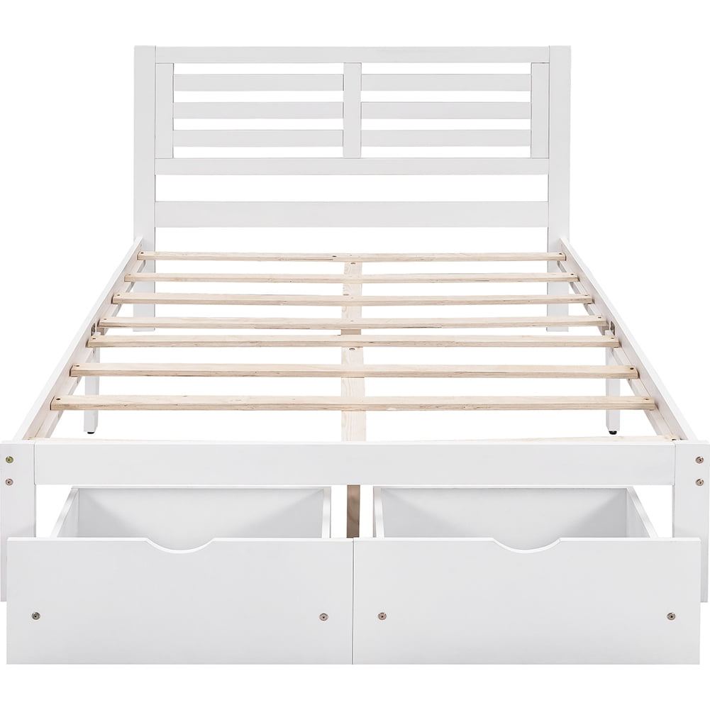 Wooden Full Size Platform Bed Frame with Drawer, Modern Platform Bed with Headboard