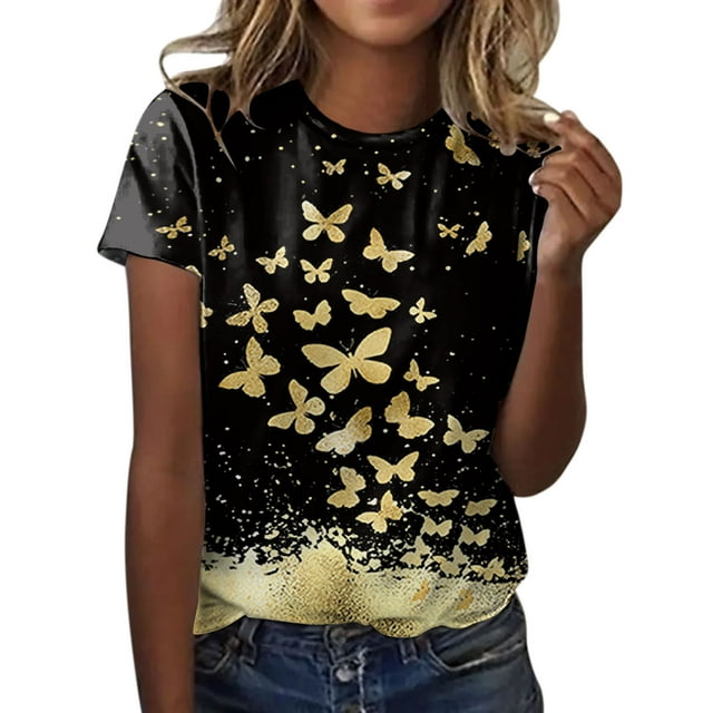 TSADFHJI Chandails pour Femmes en Coton Mode Décontractée pour Femmes Dégradé à Paillettes Imprimé Col Rond T-Shirt Ample