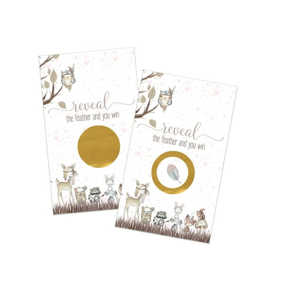 Girls Woodland Scratch Off Game Cards - 30 Pack, Pink Baby Shower, Cute Sprinkle Raffle, Boho Floral & Animal Favors by Paper Clever Party
