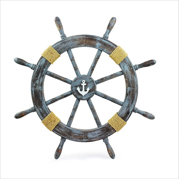Nagina International Rustic Grey Nautical Vintage Themed Classic Wooden Ship Wheel With Anchor & Ropes | Ocean Beach House Home Decor (18 Inches)